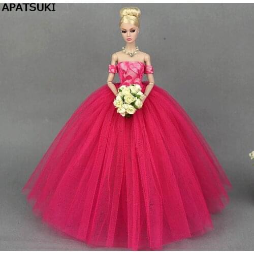 Hot Pink Little Dress Wedding Dress for Barbie Doll Princess Evening Party Wears Long Dresses Clothes for Barbie Doll 1:6