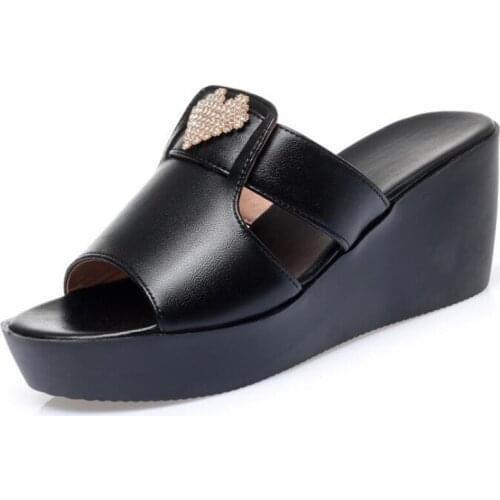 2021 New Summer Rhinestone Genuine Leather Sandals Thick Bottom Wedge Sandals High Heel Sandals Elegant Women Sandals Slippers