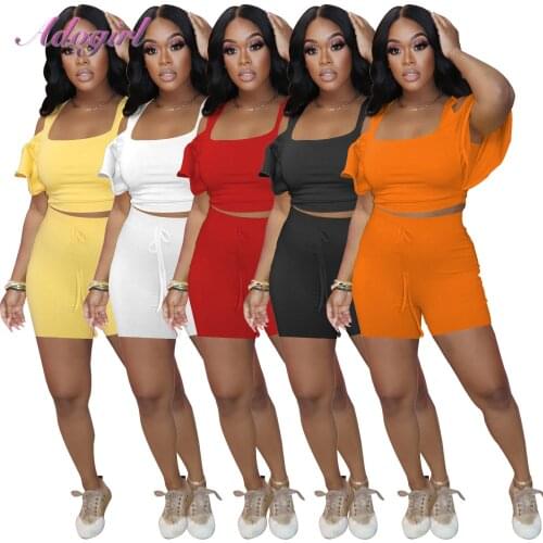 WomenS Summer Suit Outfit Two Piece Set Women Solid Ruffle Short Sleeve T-Shirt Shorts Sweatsuit Matching Set Bikers Tracksuit