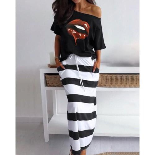 2020 Spring Summer Fashion Women Casual Two piece set Summer Wear Two-Piece Dress Mouth Printed T-Shirt & Striped Skirt Set
