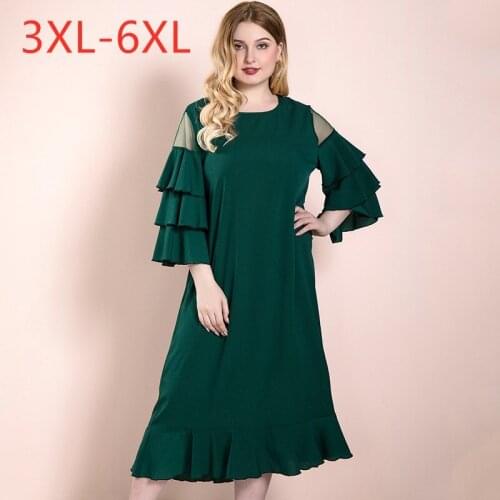 Female summer plus size long dress for women large lotus leaf sleeve loose casual scollop O neck dresses green 4XL 5XL 6XL 7XL