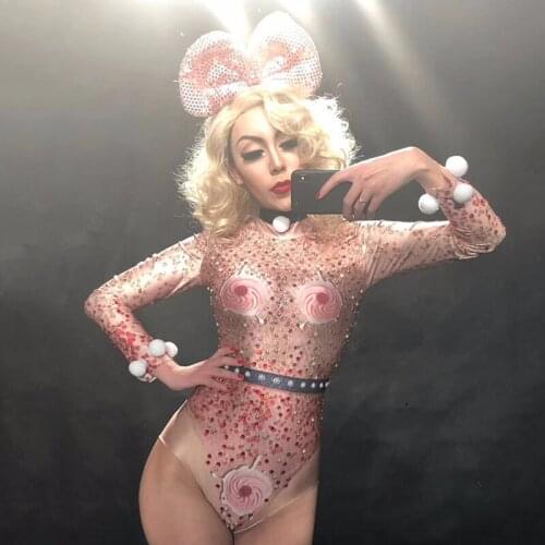 Women Sexy Nightclub Costumes For Singer Pink Flowers Bodysuit Silver Gold Sparkling Crystals Celebrate Stage Costume DNV10281