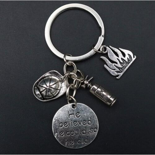 1pcs He Believe He Could So he Did Charm Ruthless Fire & Fireman Hat & Fire Extinguisher keychain DIY key Chain A1720