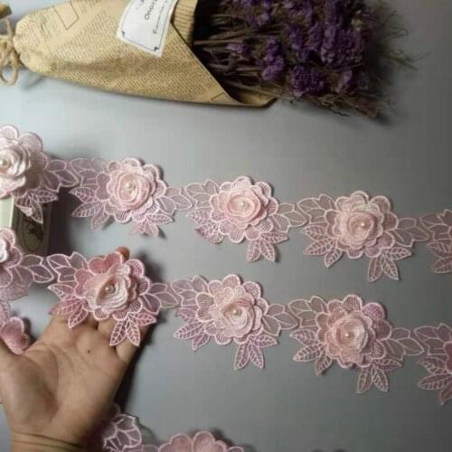 3 yard Pink Polyester Rose Flower Handmade Embroidered Fabric Lace Trim Applique Ribbon DIY Sewing Craft Decoration 11.3cm