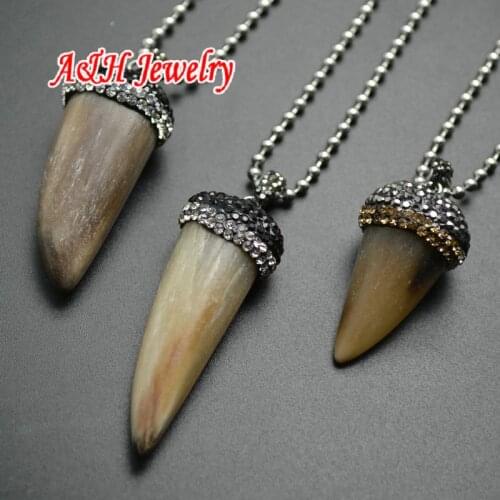 5pcs High Quality Small Size Genuine Horn With Rhinestone Paved Pendant 20'' Bead Chain Necklace For Men and Women