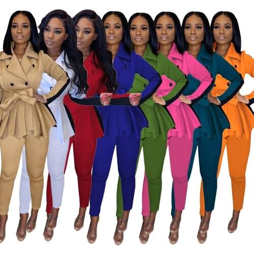 Adogirl Office Lady Two Pieces Set Long Sleeve Pleated Buttons Up Blazer Tops Pencil Pants Suit Women Business Uniform Outfits