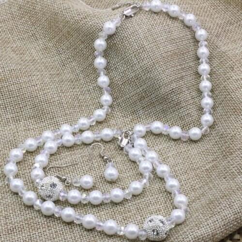 White simulated-pearl shell 8mm round beads abacus crystal necklace bracelet earrings for women charms elegant jewelry set B3181