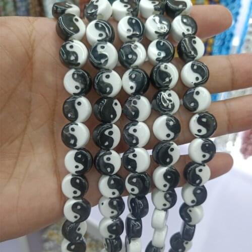 10pcs Black White Taiji Pattern Ceramic Beads 10mm Round Flat Loose Ceramic Beads For Jewelry Making DIY Accessories