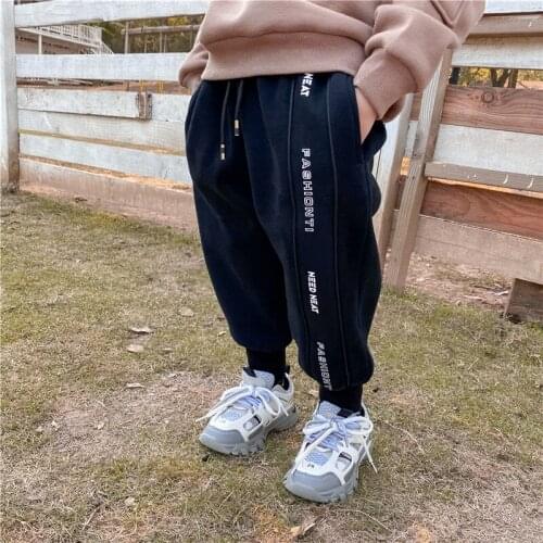 Toddler Boys Sport Pants Winter New Kids Casual Plus Velvet Warm Trousers Fashion Letter Print Cotton Thick Pants for Boy 2-9 Y