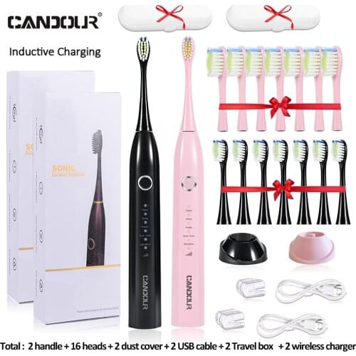 CANDOUR 5166 Sonic Electric Toothbrush USB Charge Rechargeable Tooth brush For Adult Replacement Brush Head with 16 Brush Heads