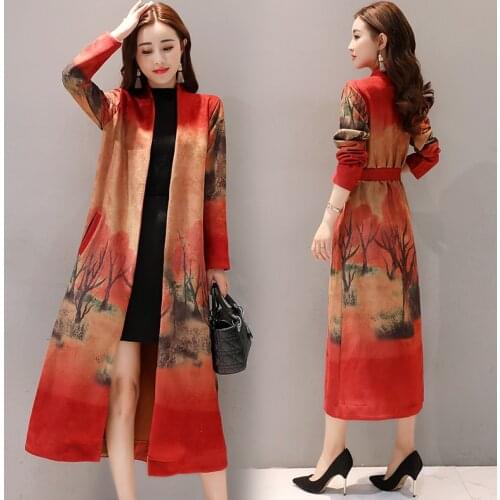 Spring autumn new Cardigan long trench coats Retro printed deer suede Outerwear Middle age clothing Long sleeve Ladies coats