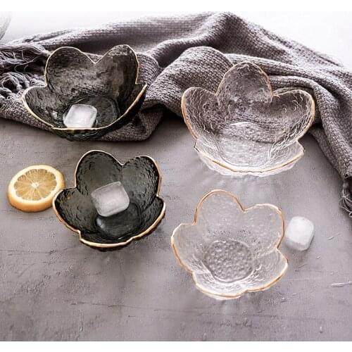 Creative Smoky Gray Outline In Gold Petal Glass Bowl Weird Shape Household Restaurant Fruit Salad Snack Plate Tableware Set