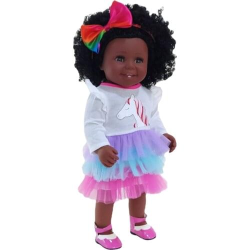 NPKDOLL 45CM Flexible Bebe Doll Reborn Baby Girl Black Skin African American Baby Curly Hair Unicorn Dress gift