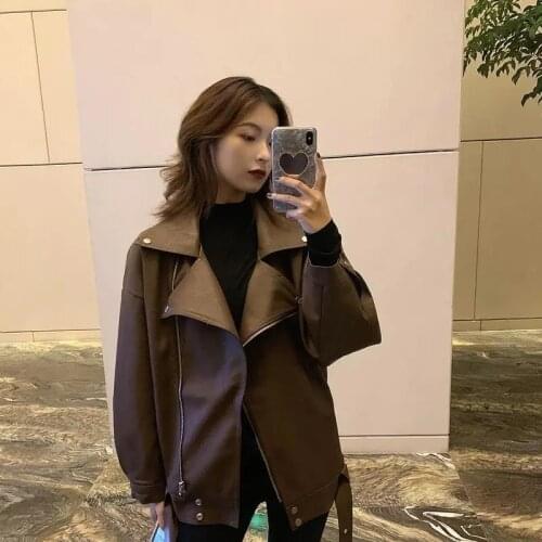Brown Faux Leather Jacket Plus Belt Spring Autumn 2021 Korean Lapel Long Sleeve Black Biker Jacket Casual Streetwear Short Coat