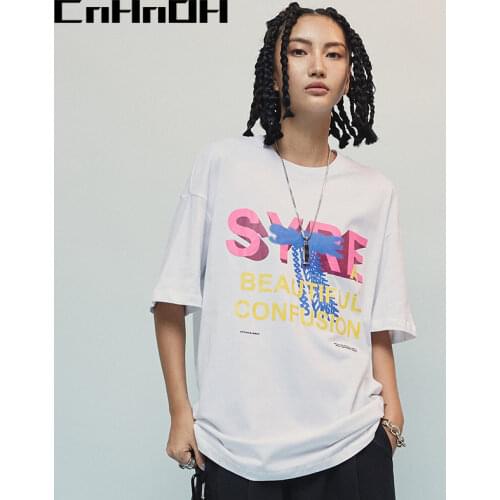 CnHnOH 100% Cotton Summer Loose Letter Print Men T Shirt Casual Loose O-Neck Men Tshirt Short Sleeve T-Shirt Tee Shirts 9158