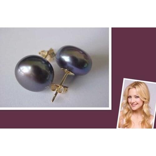 Hot 10-11 mm Tahitian AAA Black Pearl Stud Earrings 14k/20 SOLID GOLD