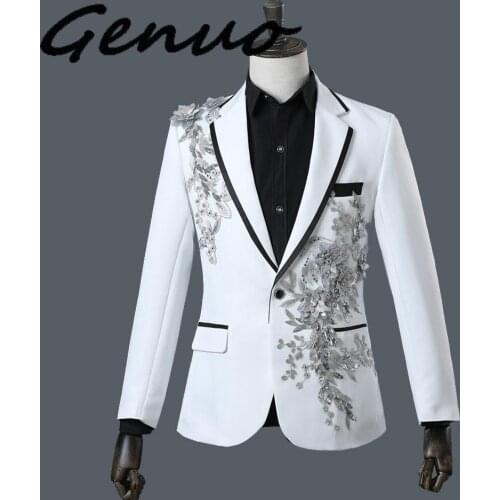 Genuo New 2020 Male Double-side 3D Crystal Embroidery Flowers Stage Singer Nightclub Suit Jacket Tide Bar Mens Wedding Blazer