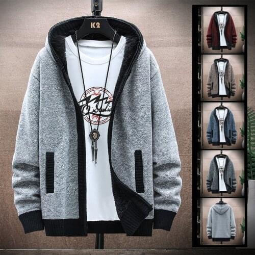 Mens hooded sweater Fall Winter zipper cardigan fleece thick cashmere wool sweater casual warm fashion jacket brand mens wear