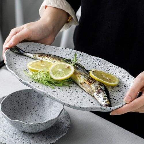 New Design Granite Pattern Ceramic Food Plate Dish Rice Salad Bowl Retro Porcelain Tray Household Tableware Dinner Plate Set