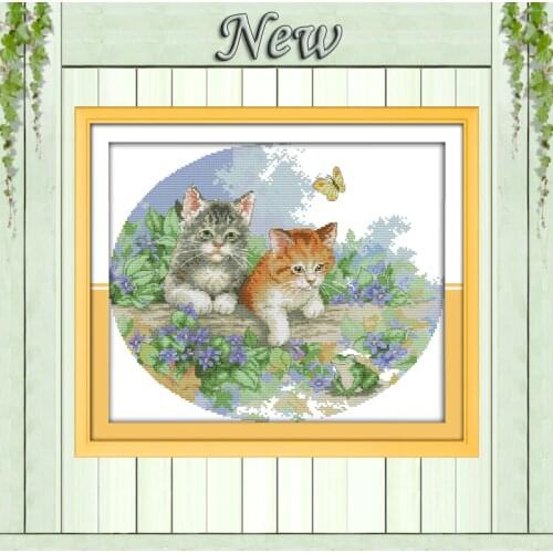 Naughty two Cats in Garden Scenic Painting Counted Print on fabric 14CT 11CT DIY Cross Stitch DMC Needlework kits Embroidery Set