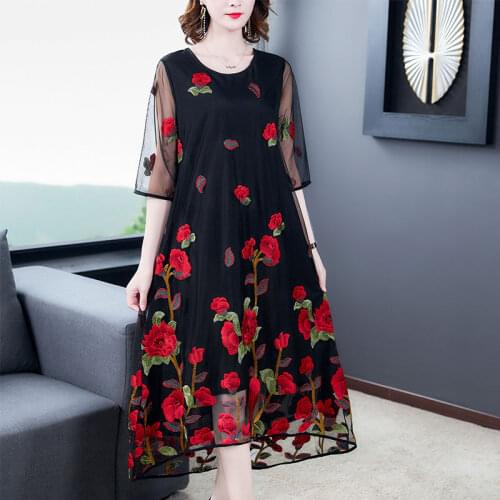 Dresses for Women 2021 New Summer Middle Aaged Women Mother Midi Dress Female Embroidery Floral Plus Size 5xl Dresses Vestitos