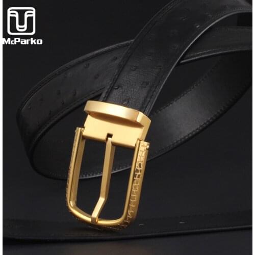 McParko Genuine Ostrich Leather belt Men Luxury Brand Waist Belts for Men Noble Golden Stainless Steel Pin Buckle Trouser Belts
