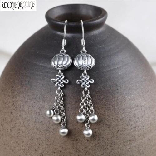 Handcrafted 100% 925 Silver Good Luck Women Earrings 925 Sterling Tibetan Lucky Knot Earrings Silver Bohemia Drop Earrings