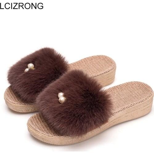 LCIZRONG Summer House Faux Fur Women Wedges Slippers Fashion Outside Female Slides Beach Girl Platform Shoes Bedroom Walking