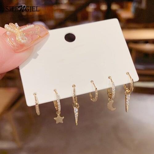 SIPENGJEL Fashion Perasonality Star Moon Geometric Earrings Slver Coor Dangle Drop Earrings For Women 6-piece Jewelry