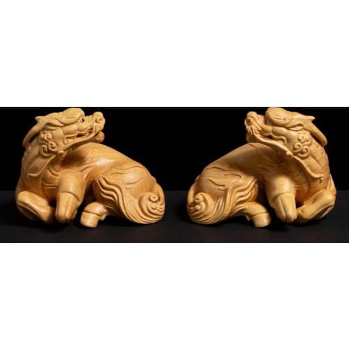 Boxwood 8cm Kirin Sculpture Wood Carving Chinese Unicorn Statue God Beast Lucky Home Decor