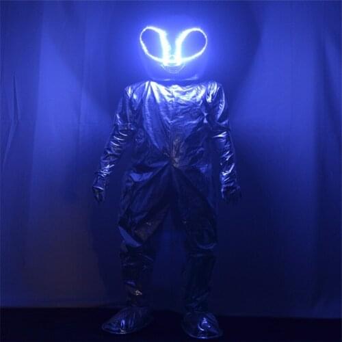 P27 Ballroom dance led costumes stage wears robot saucerman wears glowing outfits silver clothe party dress performance show bar
