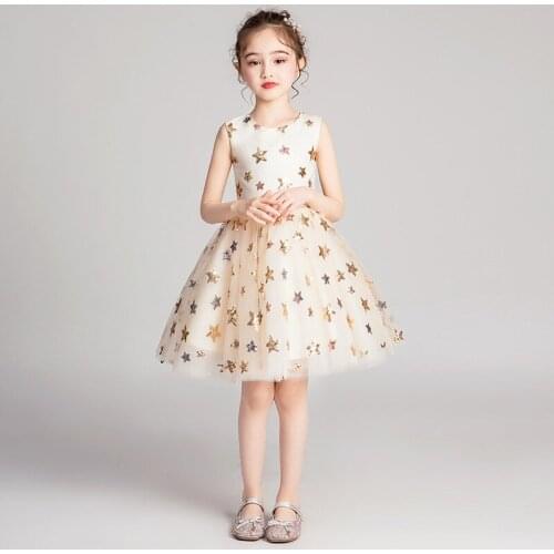 Sequin Tulle Girls Princess Formal Dresses Star Embroidery Prom Party Pageant Gowns Flower Girl Dresses Kids Girl Wedding Dress