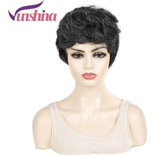 Vunshina Wavy Synthetic Wig Black And White Short Pixie Fake Hair Old Granny Cosplay Wigs With Bangs For Women Female Daily Use