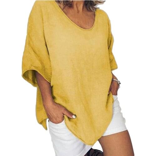 Women Simple Solid Color Shirt Summer O Neck Short Sleeve Casual Loose Tops Cotton White Female Long Clothing