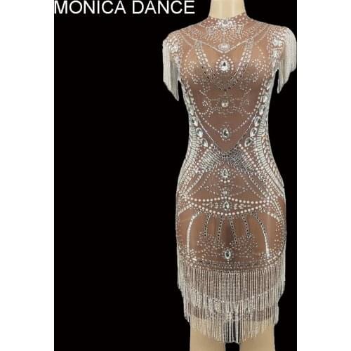 Women Sexy Stage Rhinestones Chain Fringes Short Dresses Silver Crystals Singer Stage Wear Evening Party Wedding Birthday Dress