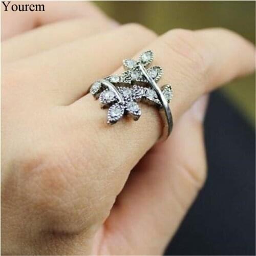 Antique silver color hyperbole vintage rhinestone leaf statement rings for women Tail ring alloy nickel free fj556