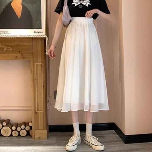 White Chiffon A-line Skirt Female Summer New Style Skirt High Waist Was Thin and Versatile Temperament Mid-length Skirt