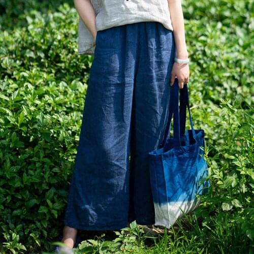 Spring linen elastic waist loose casual pants temperament split high wide leg pants A17