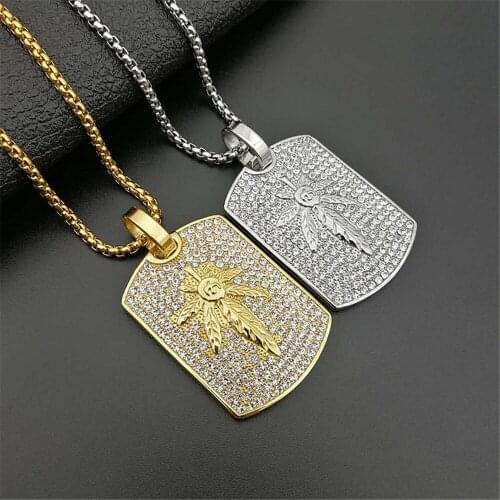 Hip Hop Iced Out Full Rhinestone Rectangle Leaf Pendant Necklaces Gold/Silver Color Stainless Steel Chains For Men Jewelry