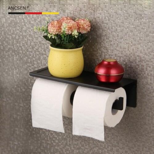 Black Stainless Steel Double Toilet Roll Paper Holder Wall Mounted Bathroom Tissue Box Paper Towel Holder Mobile Phone Holder