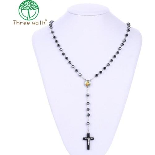 Wholesale price 6mm Glass Bead Holy Rosaries Necklace With Cross Lourdes Center Rosary