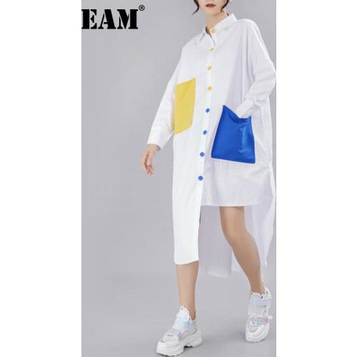 [EAM] 2021 New Spring Autumn Lapel Long Sleeve Panelled Button Pocket Split Loose Big Size Shirt Women Blouse Fashion Tide JY776