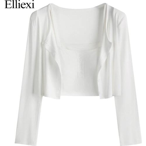 Elliexi Two piece set Long T-shirt Cotton Cardigan Button Tshirt For Women Autumn Camis Tops Set Short Slim Casual Female Top