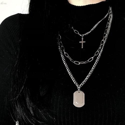 2021 Fashion Hip Hop Multilayer Necklace Metal Cross Pendant Silver Color Chain Necklace for Women Men Unisex Jewelry