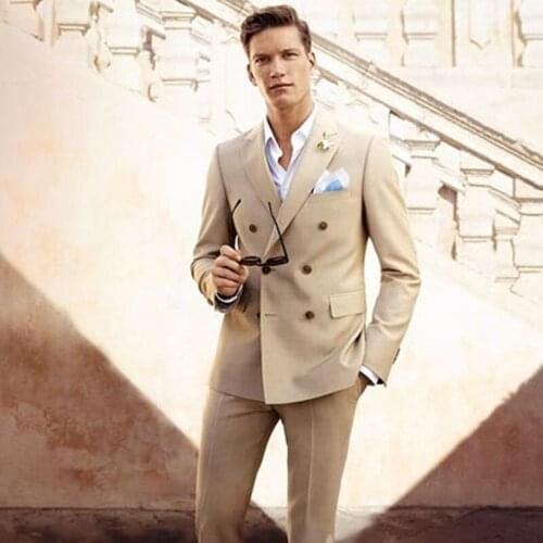 Dark Champagne Men Suits Double Breasted Mens Casual Tuxedo Custom Blazer Vestidos Men Daily Work Wear suits 2019(Jacket+Pants)