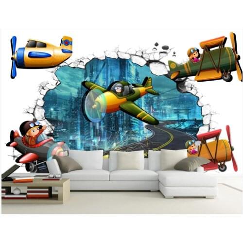 Wall paper 3 d custom mural on the wall Cartoon airplane breaking wall children room home decor photo Wallpaper to the nursery
