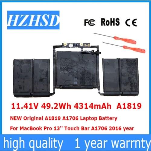 11.41V 49.2Wh 4314mAh A1819 NEW Original A1819 A1706 Laptop Battery For MacBook Pro 13'' Touch Bar A1706 2016 year
