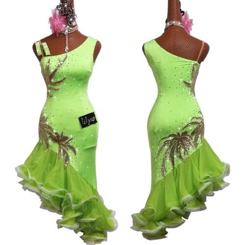 Latin Dance Dress Fluorescent Green Rumba Cha Cha Samba Tango Shiny Rhinestone Embroidery Competition Dresses Show Wear DN4861