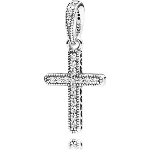 Authentic 925 Sterling Silver Bead Sparkling Classic Cross Pendant Charm Fit Fashion Women Pandora Necklace Gift DIY Jewelry