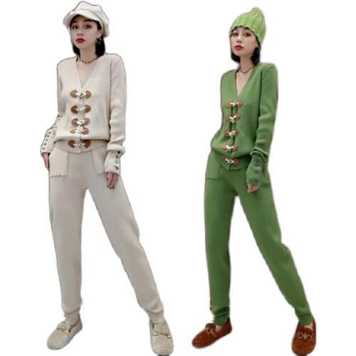 Casual 2 Piece Set Women 2021 Autumn Female Casual Tracksuits 2pcs Single Breasted Knitting Tops+Pants Two Pieces Set Spring